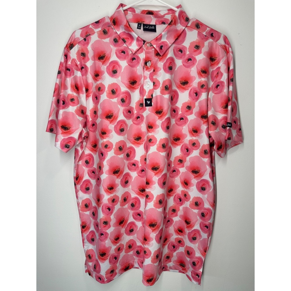 Bad Birdie‎ Floral Polo Shirt Performance Stretch All Over Print Pink Medium
